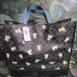 Dempsey Tote Bag w/ Mirror Charm Keychain Signature Canvas With Happy Dog Print